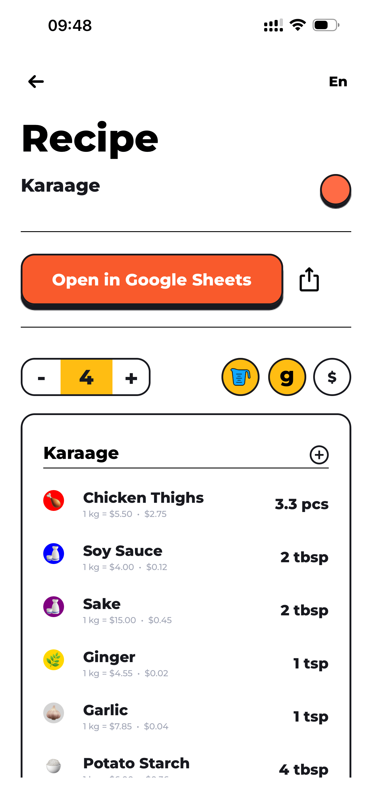 Completed FoodTechGuru recipe screen with costing data