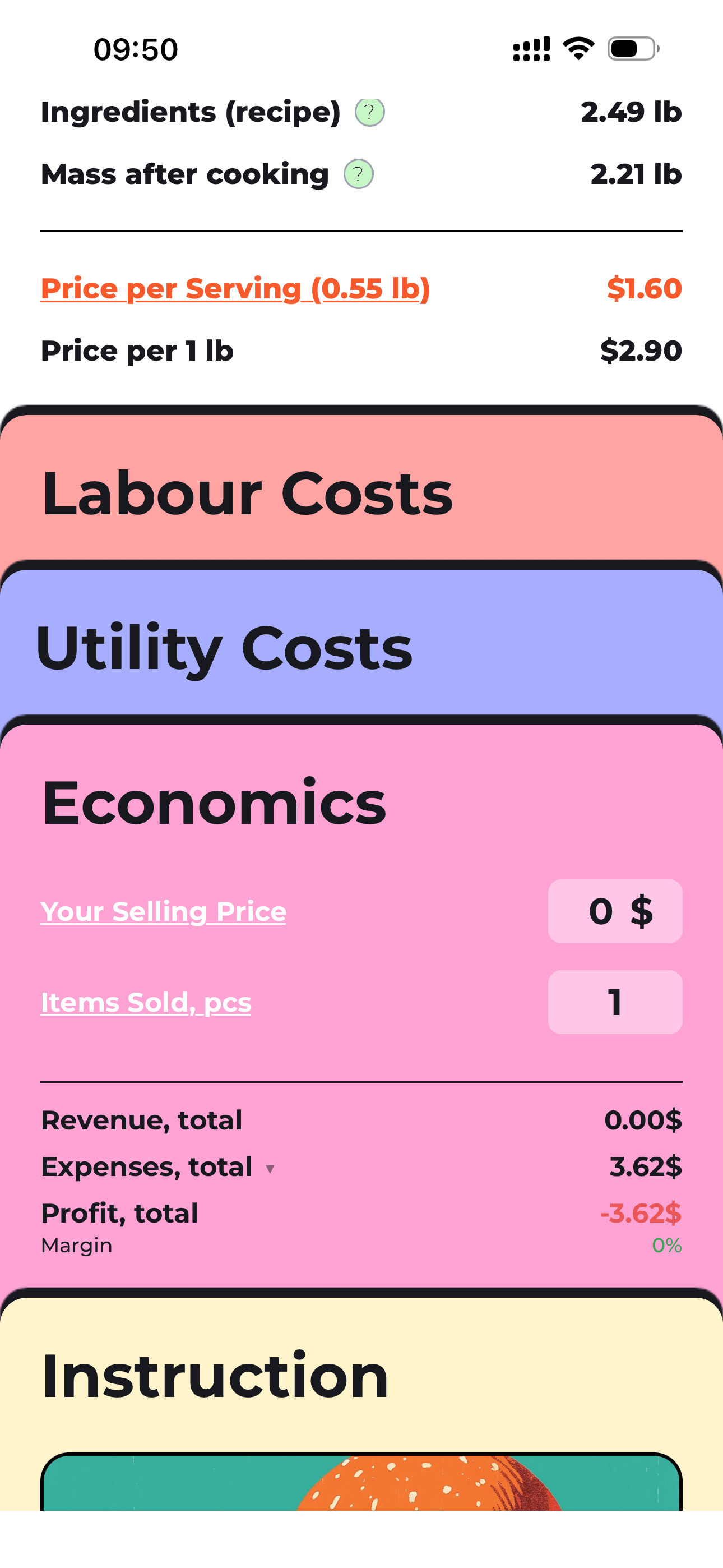 FoodTechGuru economics screen showing food cost and yield context