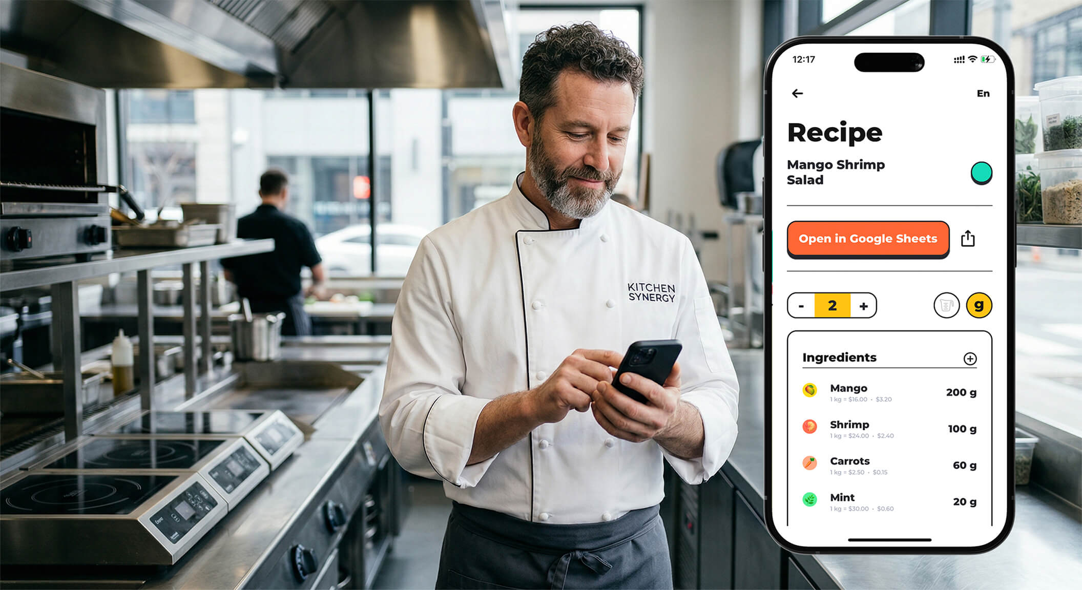 Chef using FoodTechGuru phone workflow in a kitchen